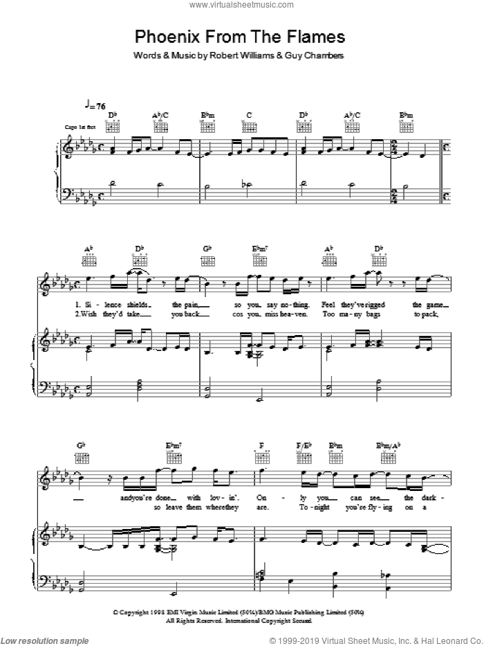 Phoenix From The Flames sheet music for voice, piano or guitar by Robbie Williams and Guy Chambers, intermediate skill level
