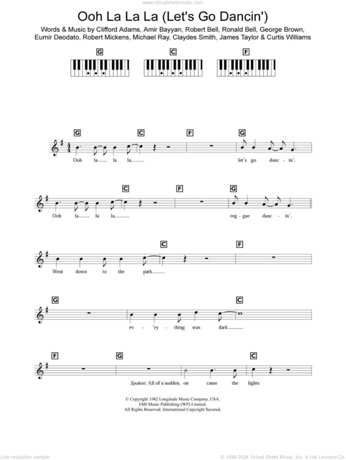 Ooh La La La (Let's Go Dancin') sheet music for piano solo (chords, lyrics, melody) by Kool And The Gang, Amir Bayyan, Claydes Smith, Clifford Adams, Curtis Williams, Eumir Deodato, George Brown, James Taylor, Michael Ray, Robert Bell, Robert Mickens and Ronald Bell, intermediate piano (chords, lyrics, melody)