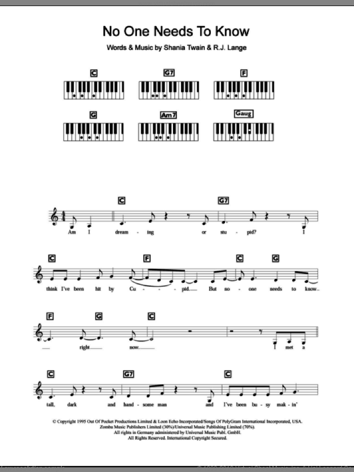 No One Needs To Know sheet music for piano solo (chords, lyrics, melody) by Shania Twain and Robert John Lange, intermediate piano (chords, lyrics, melody)
