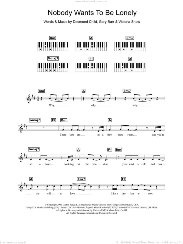 Nobody Wants To Be Lonely sheet music for piano solo (chords, lyrics, melody) by Ricky Martin with Christina Aguilera, Christina Aguilera, Ricky Martin, Desmond Child, Gary Burr and Victoria Shaw, intermediate piano (chords, lyrics, melody)