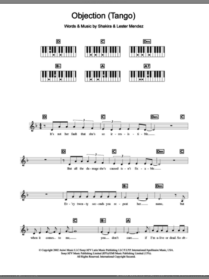 Objection (Tango) sheet music for piano solo (chords, lyrics, melody) by Shakira and Lester Mendez, intermediate piano (chords, lyrics, melody)