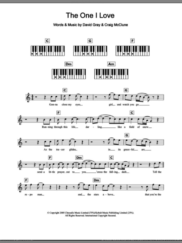 The One I Love sheet music for piano solo (chords, lyrics, melody) by David Gray and Craig McClune, intermediate piano (chords, lyrics, melody)