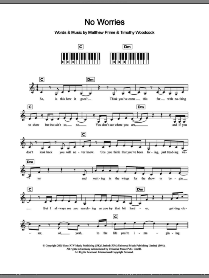 No Worries sheet music for piano solo (chords, lyrics, melody) by Simon Webbe, Matthew Prime and Tim Woodcock, intermediate piano (chords, lyrics, melody)