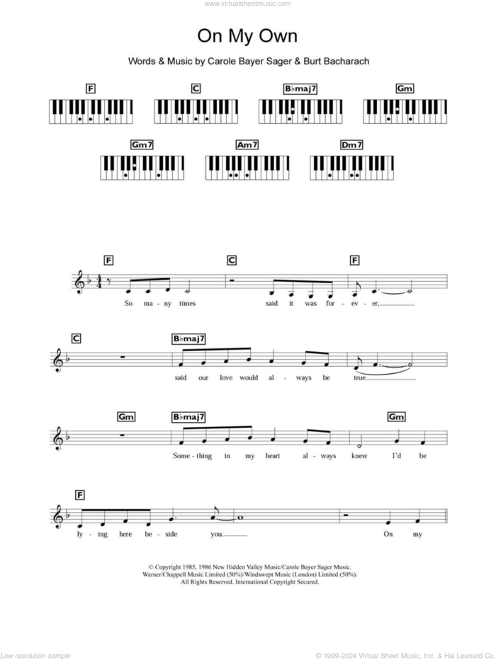 On My Own sheet music for piano solo (chords, lyrics, melody) by Michael McDonald, Fantasia Barrino, Patti LaBelle, Burt Bacharach and Carole Bayer Sager, intermediate piano (chords, lyrics, melody)