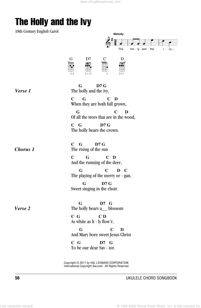 The Holly And The Ivy sheet music for ukulele (chords), intermediate skill level