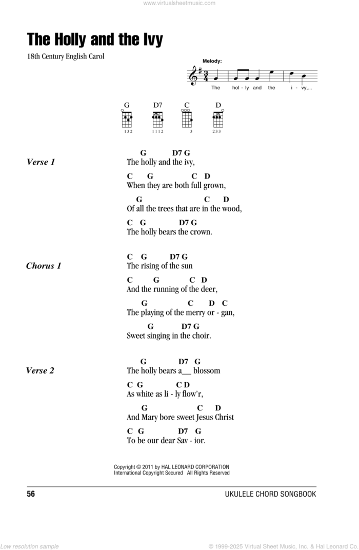 The Holly And The Ivy sheet music for ukulele (chords), intermediate skill level