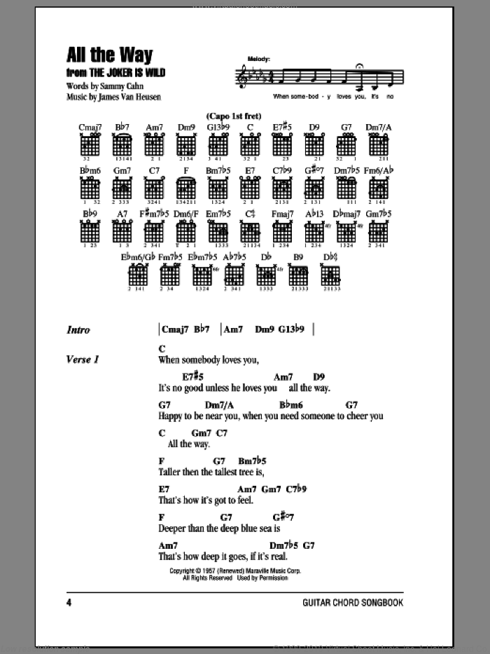 All The Way sheet music for guitar (chords) by Frank Sinatra, Jimmy van Heusen and Sammy Cahn, wedding score, intermediate skill level