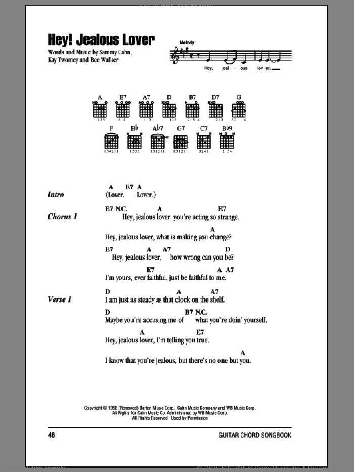 Hey! Jealous Lover sheet music for guitar (chords) by Frank Sinatra, Bee Walker, Kay Twomey and Sammy Cahn, intermediate skill level