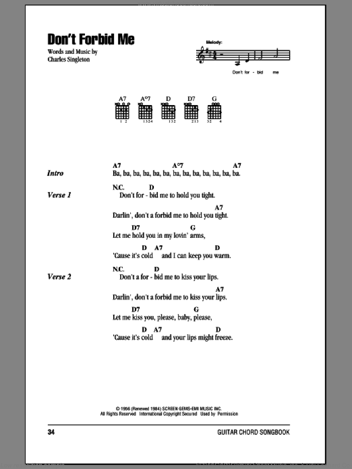 Don't Forbid Me sheet music for guitar (chords) by Pat Boone and Charles Singleton, intermediate skill level