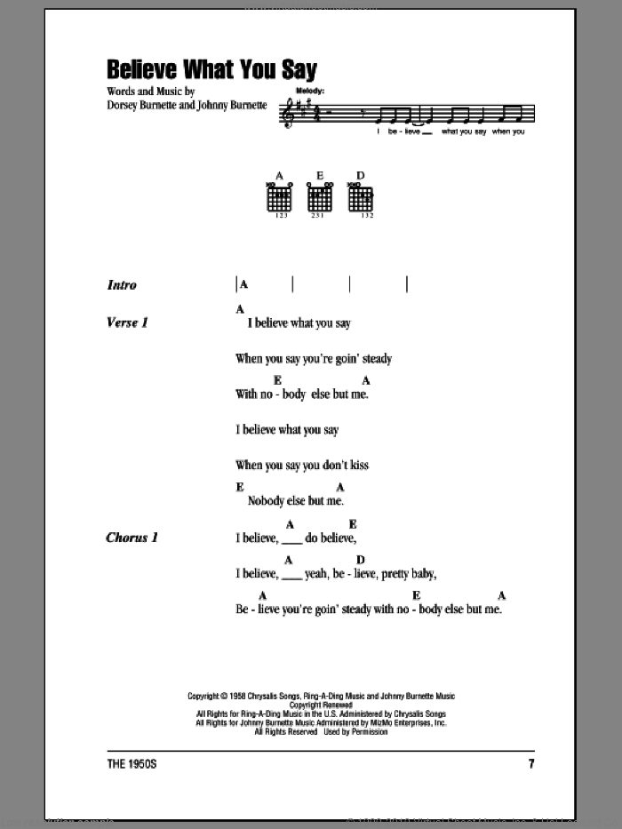 Believe What You Say sheet music for guitar (chords) by Ricky Nelson, Dorsey Burnette and Johnny Burnette, intermediate skill level