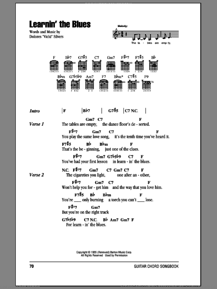 Learnin' The Blues sheet music for guitar (chords) by Frank Sinatra and Rosemary Clooney, intermediate skill level