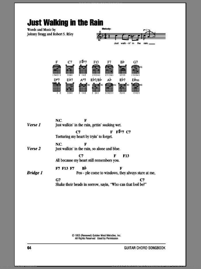 Just Walking In The Rain sheet music for guitar (chords) by Johnnie Ray, Johnny Bragg and Robert S. Riley, intermediate skill level