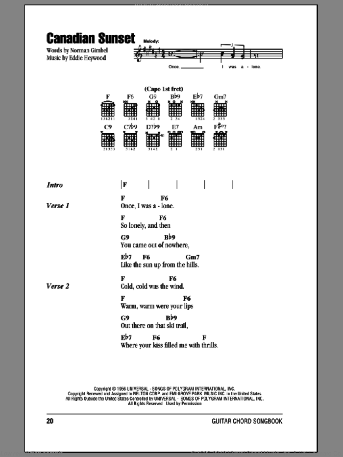 Canadian Sunset sheet music for guitar (chords) by Andy Williams, Eddie Heywood and Norman Gimbel, intermediate skill level