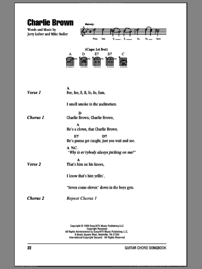 Charlie Brown sheet music for guitar (chords) by The Coasters, Jerry Leiber and Mike Stoller, intermediate skill level
