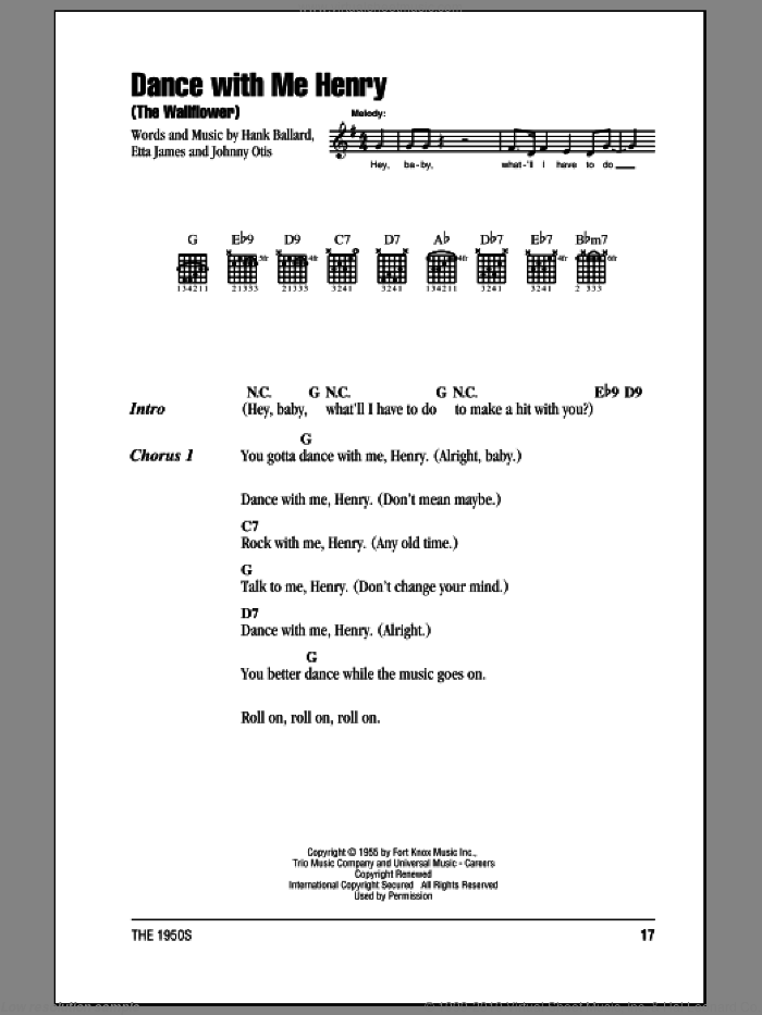 Dance With Me Henry (The Wallflower) sheet music for guitar (chords) by Etta James, Georgia Gibbs, Hank Ballard and Johnny Otis, intermediate skill level