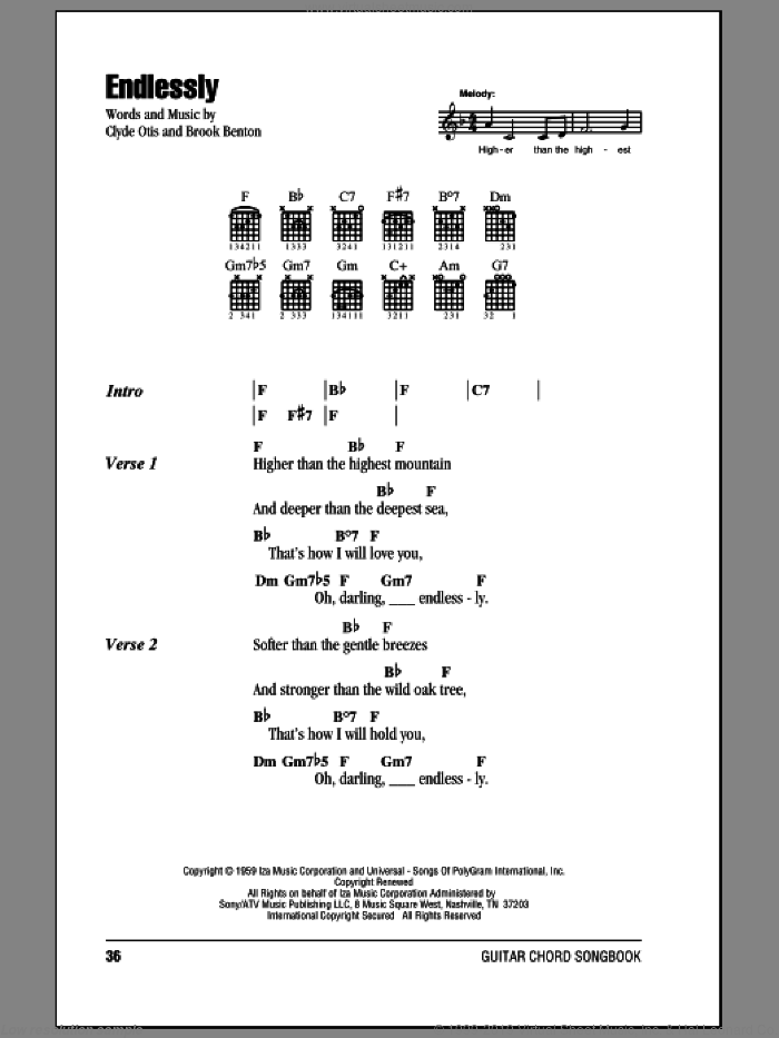 Endlessly sheet music for guitar (chords) by Brook Benton, Sonny James and Clyde Otis, intermediate skill level