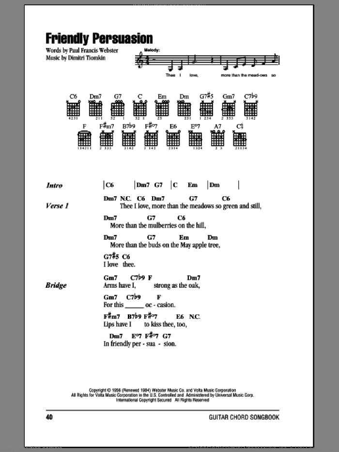 Friendly Persuasion sheet music for guitar (chords) by Pat Boone, Dimitri Tiomkin and Paul Francis Webster, intermediate skill level