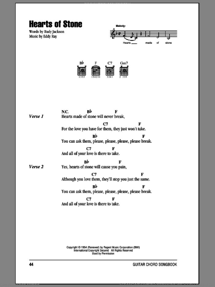 Hearts Of Stone sheet music for guitar (chords) by The Fontane Sisters, Eddy Ray and Rudy Jackson, intermediate skill level