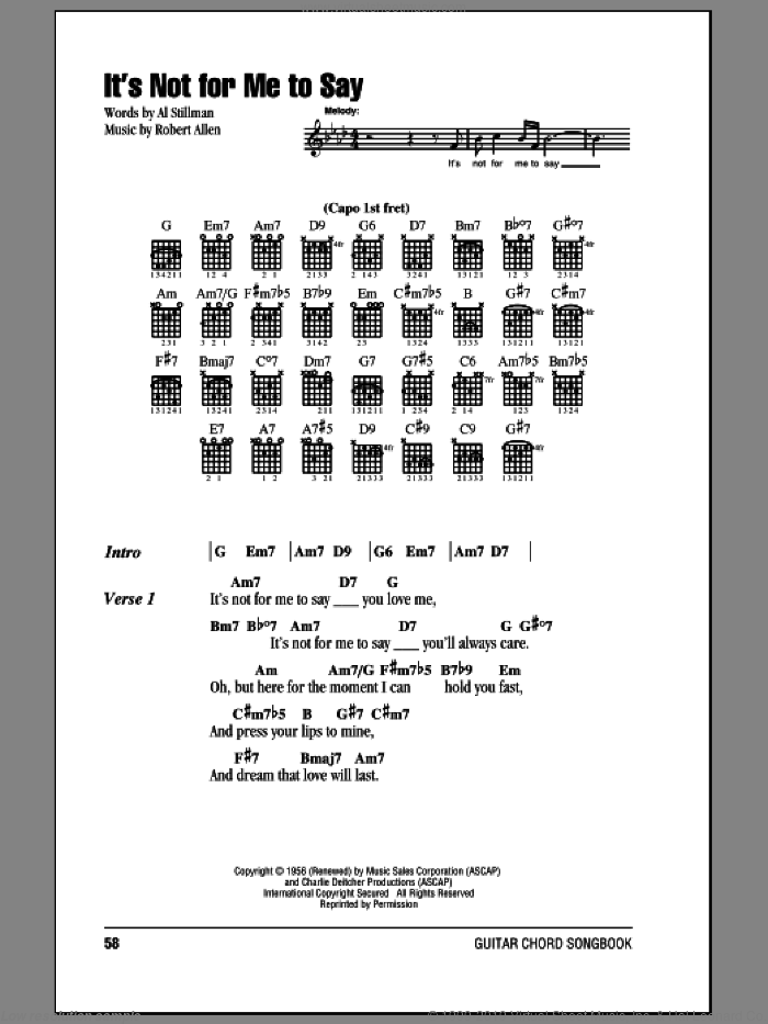 It's Not For Me To Say sheet music for guitar (chords) by Johnny Mathis, Al Stillman and Robert Allen, intermediate skill level
