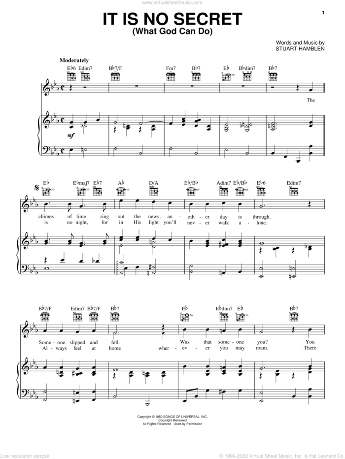It Is No Secret (What God Can Do) sheet music for voice, piano or guitar by Elvis Presley, Mahalia Jackson, Willie Nelson and Stuart Hamblen, intermediate skill level