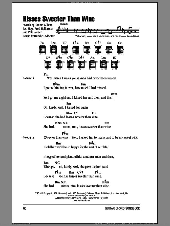 Kisses Sweeter Than Wine sheet music for guitar (chords) by Paul Campbell, Jimmie Rodgers, Fred Hellerman, Huddie Ledbetter, Lee Hays, Pete Seeger and Ronnie Gilbert, intermediate skill level
