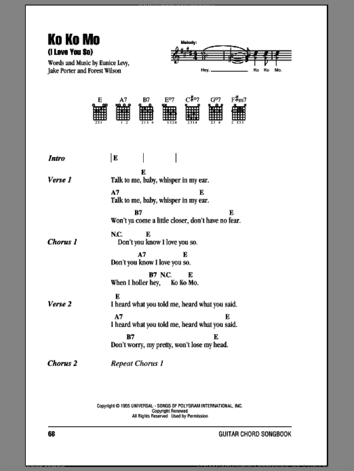 Ko Ko Mo (I Love You So) sheet music for guitar (chords) by The Crew-Cuts, Eunice Levy, Forest Wilson and Jake Porter, intermediate skill level