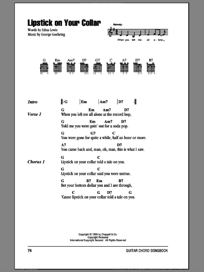 Lipstick On Your Collar sheet music for guitar (chords) by Connie Francis, Edna Lewis and George Goehring, intermediate skill level