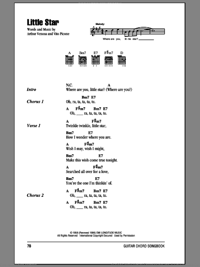 Little Star sheet music for guitar (chords) by The Elegants, Arthur Venosa and Vito Picone, intermediate skill level