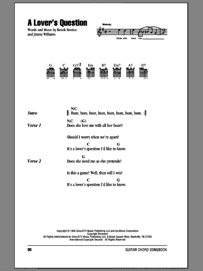 A Lover's Question sheet music for guitar (chords) by Clyde McPhatter, Brook Benton and Jimmy Williams, intermediate skill level