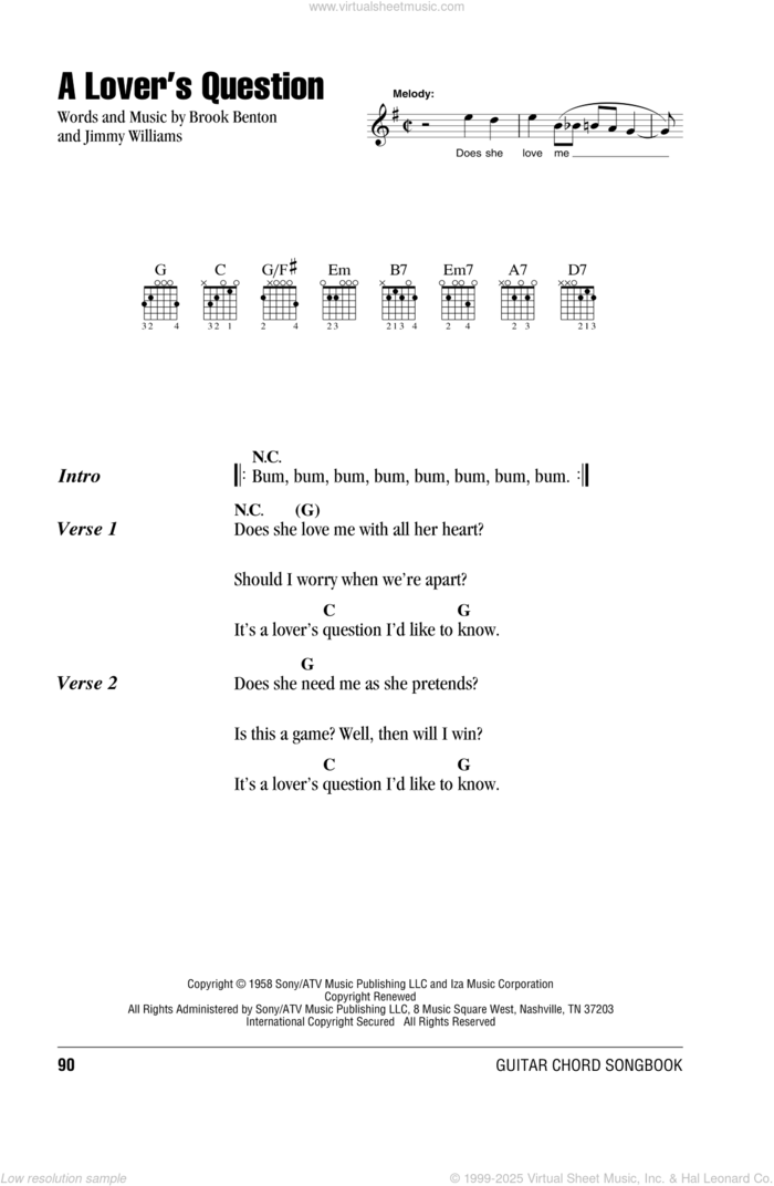 A Lover's Question sheet music for guitar (chords) by Clyde McPhatter, Brook Benton and Jimmy Williams, intermediate skill level