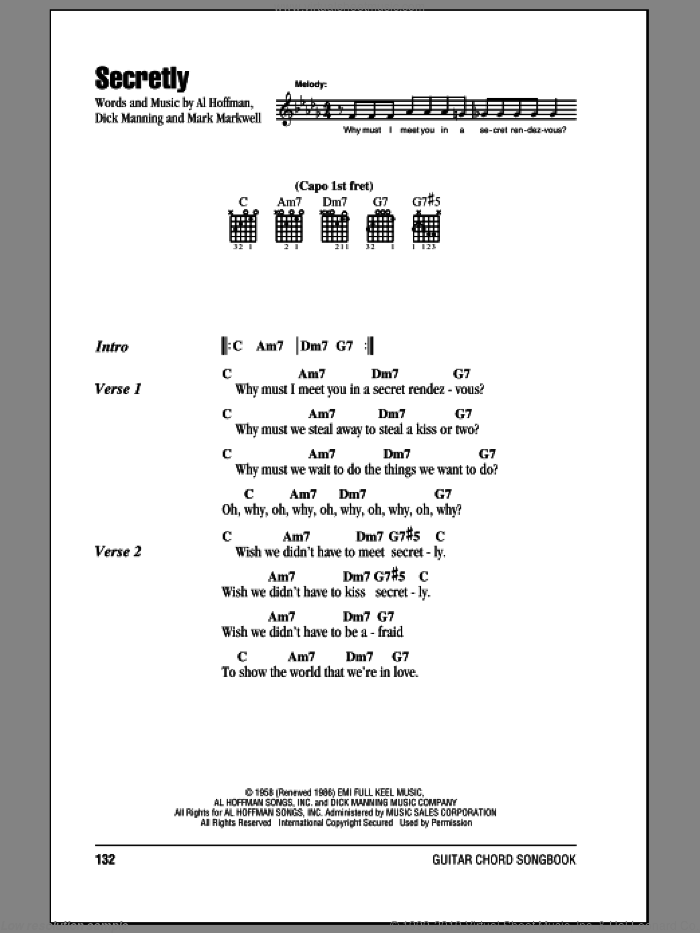 Secretly sheet music for guitar (chords) by Jimmie Rodgers, Al Hoffman, Dick Manning and Mark Markwell, intermediate skill level