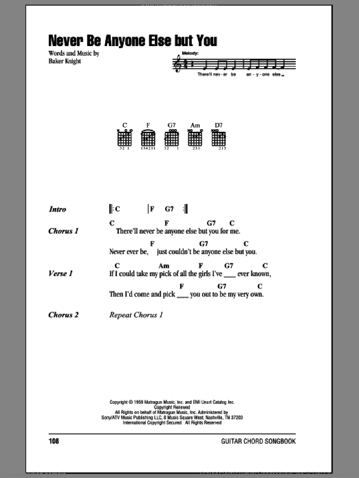 Never Be Anyone Else But You sheet music for guitar (chords) by Ricky Nelson and Baker Knight, intermediate skill level