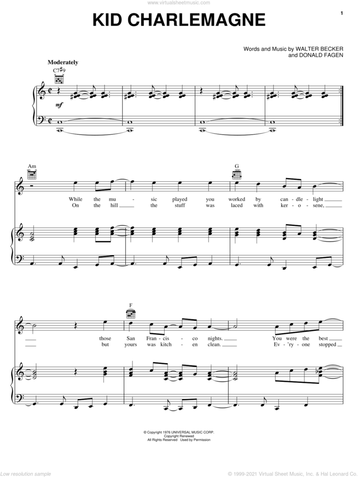 Kid Charlemagne sheet music for voice, piano or guitar by Steely Dan, Donald Fagen and Walter Becker, intermediate skill level