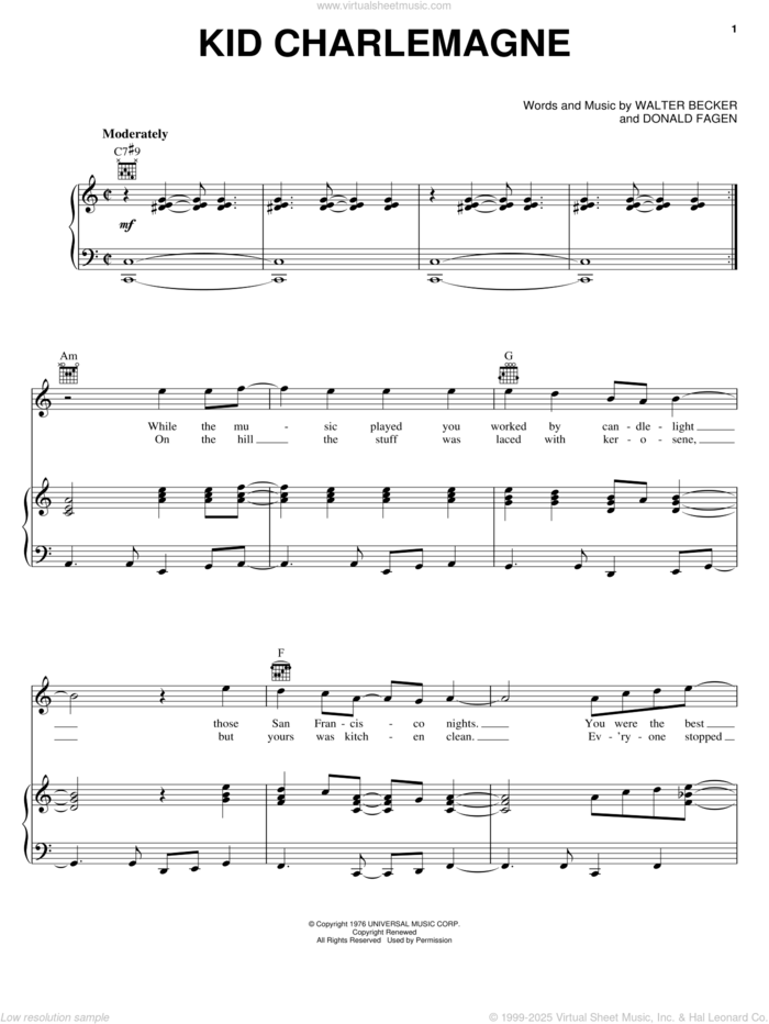 Kid Charlemagne sheet music for voice, piano or guitar by Steely Dan, Donald Fagen and Walter Becker, intermediate skill level