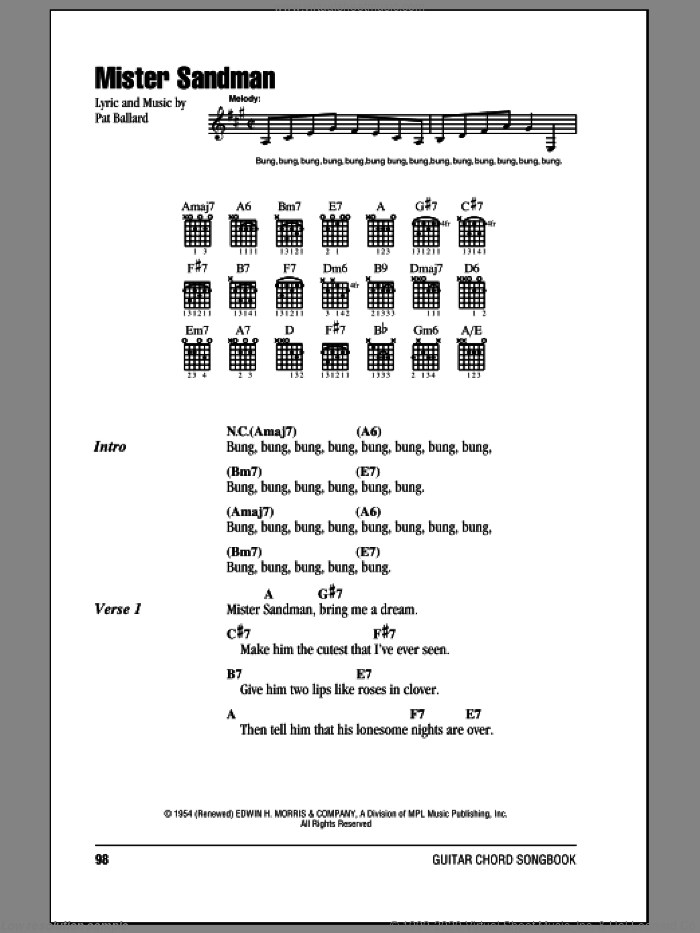Mister Sandman sheet music for guitar (chords) by The Chordettes and Pat Ballard, intermediate skill level