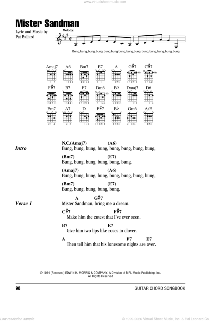 Mister Sandman sheet music for guitar (chords) by The Chordettes and Pat Ballard, intermediate skill level