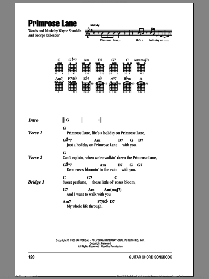 Primrose Lane sheet music for guitar (chords) by Jerry Wallace, George Callender and Wayne Shanklin, intermediate skill level
