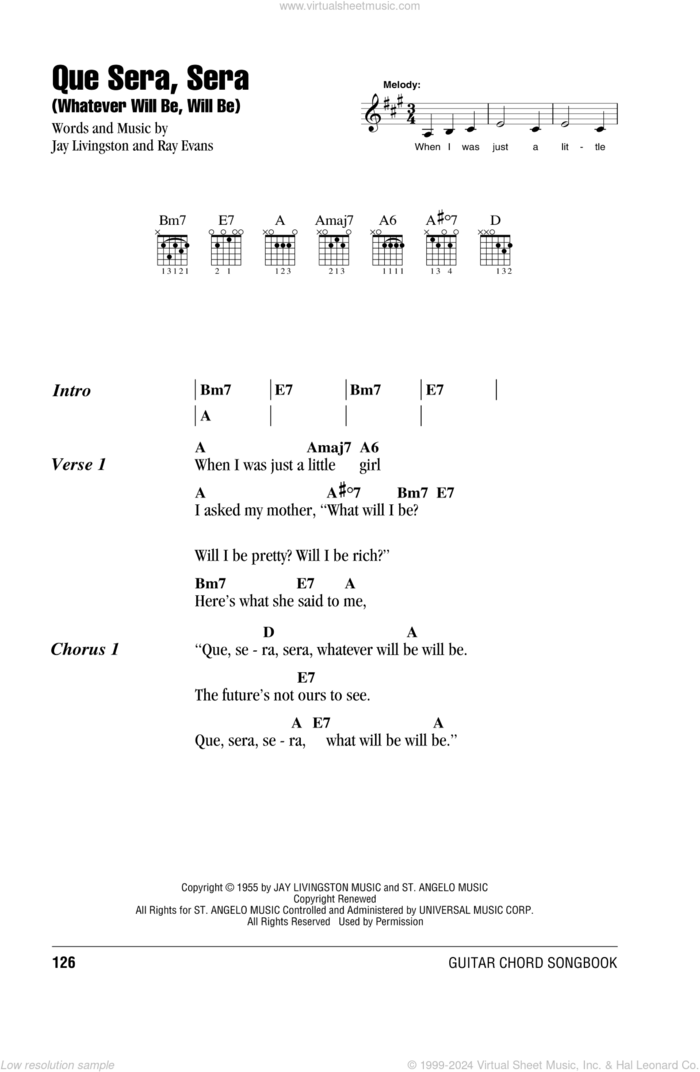 Que Sera, Sera (Whatever Will Be, Will Be) sheet music for guitar (chords) by Doris Day, Jay Livingston and Ray Evans, intermediate skill level