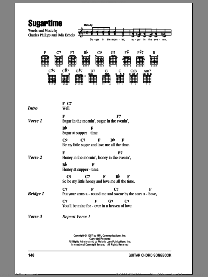 Sugartime sheet music for guitar (chords) by McGuire Sisters, Charles Phillips and Odis Echols, intermediate skill level