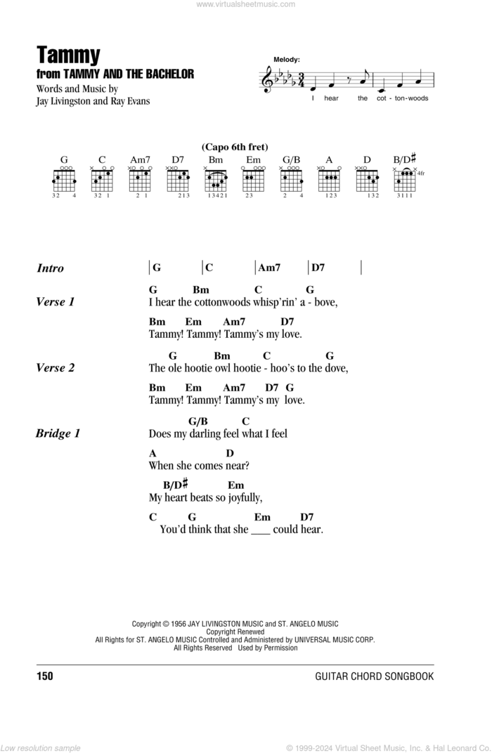 Tammy sheet music for guitar (chords) by Debbie Reynolds, The Ames Brothers, Jay Livingston and Ray Evans, intermediate skill level