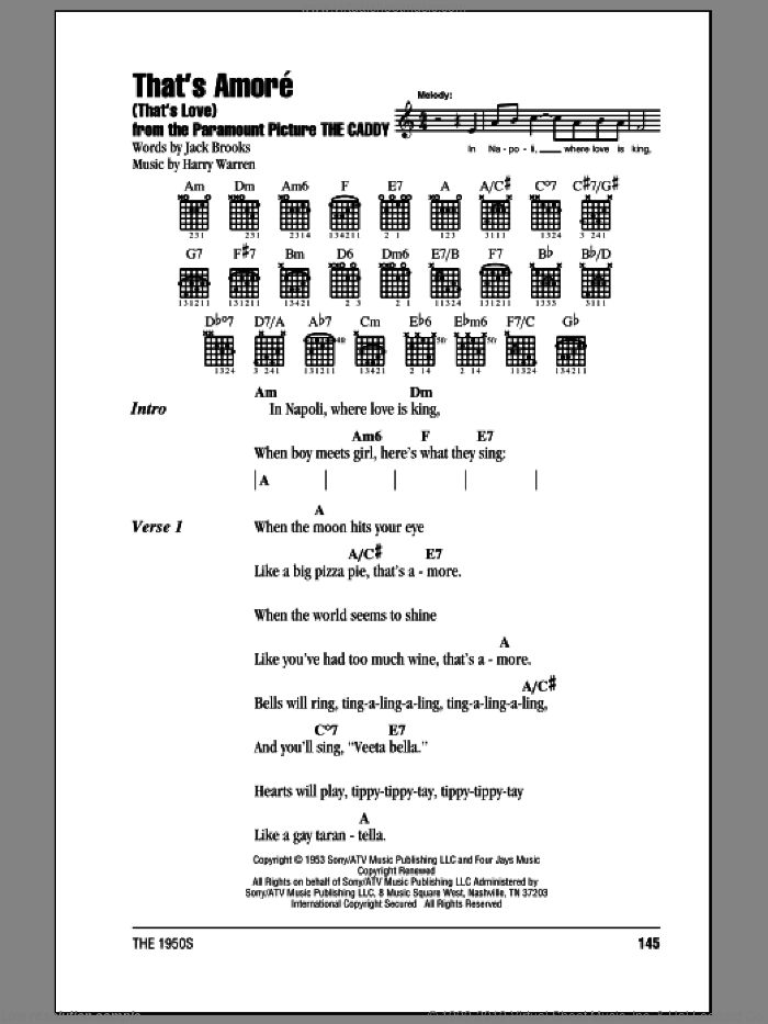 That's Amore (That's Love) sheet music for guitar (chords) by Dean Martin, Harry Warren and Jack Brooks, intermediate skill level