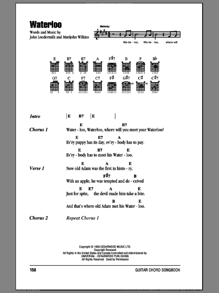Waterloo sheet music for guitar (chords) by Stonewall Jackson, John Loudermilk and Marijohn Wilkin, intermediate skill level