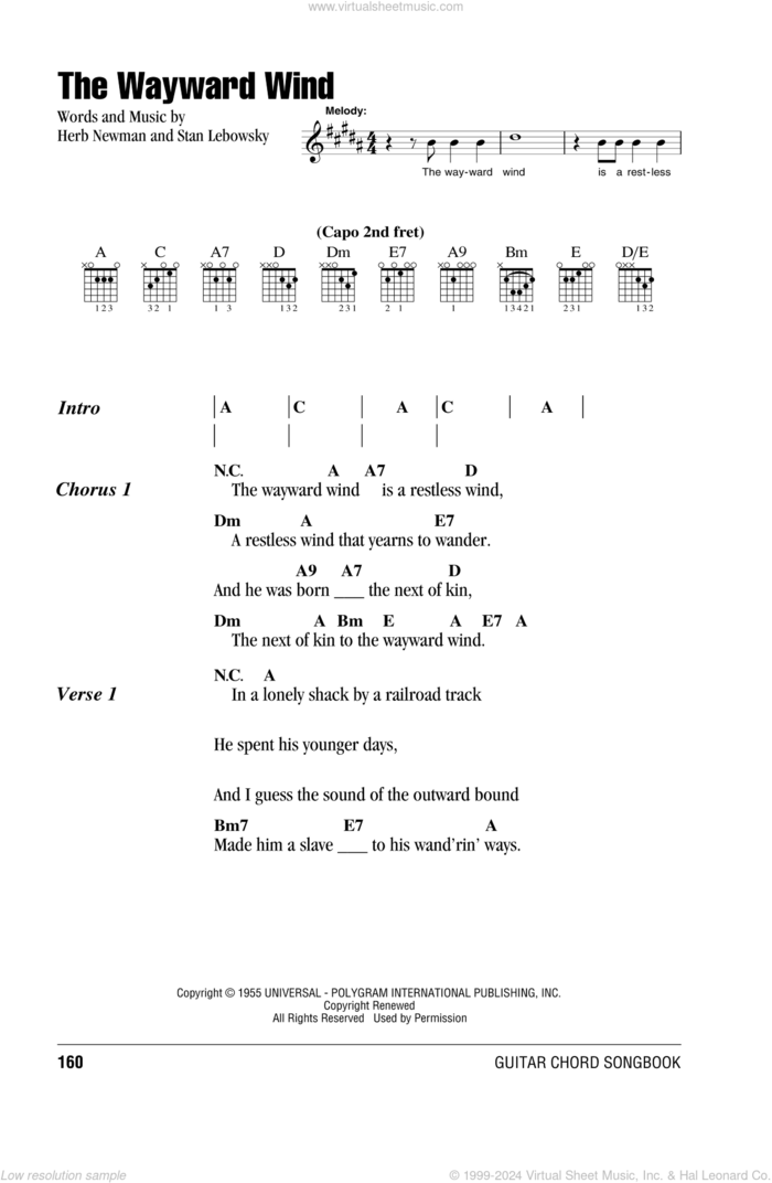 The Wayward Wind sheet music for guitar (chords) by Patsy Cline, Gogi Grant, Tex Ritter, Herb Newman and Stan Lebowsky, intermediate skill level