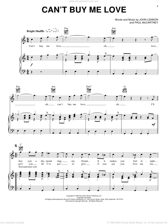 Can't Buy Me Love sheet music for voice, piano or guitar by The Beatles, John Lennon and Paul McCartney, intermediate skill level