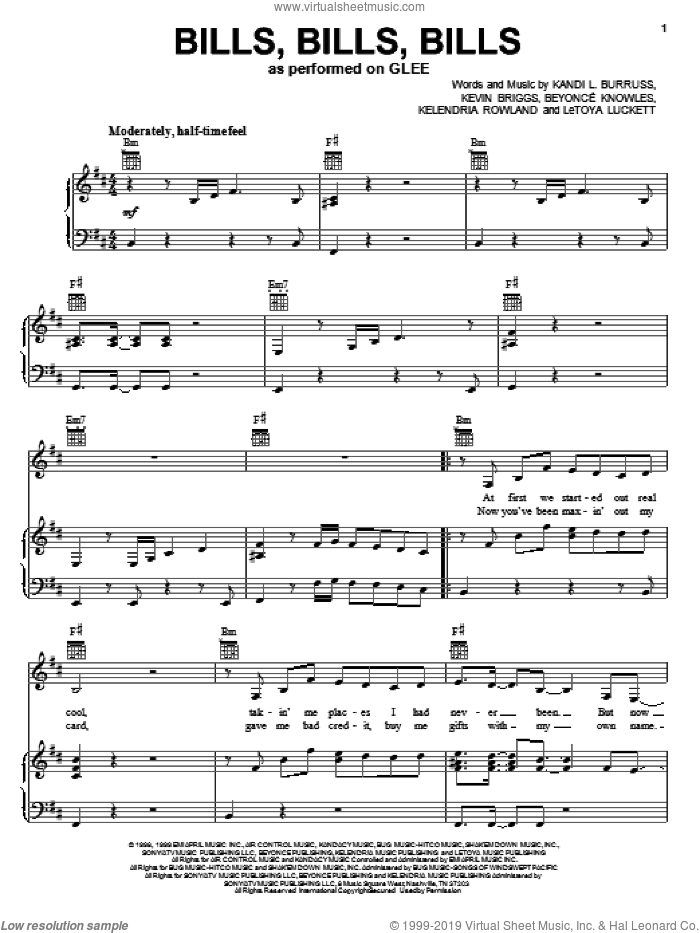 Bills, Bills, Bills sheet music for voice, piano or guitar by Glee Cast, Miscellaneous, The Warblers, Beyonce, Kandi L. Burruss, Kelendria Rowland, Kevin Briggs and LeToya Luckett, intermediate skill level