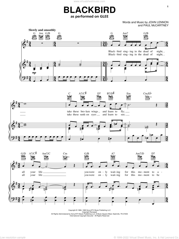 Blackbird sheet music for voice, piano or guitar by Glee Cast, Miscellaneous, The Beatles, The Warblers, Wings, John Lennon and Paul McCartney, intermediate skill level