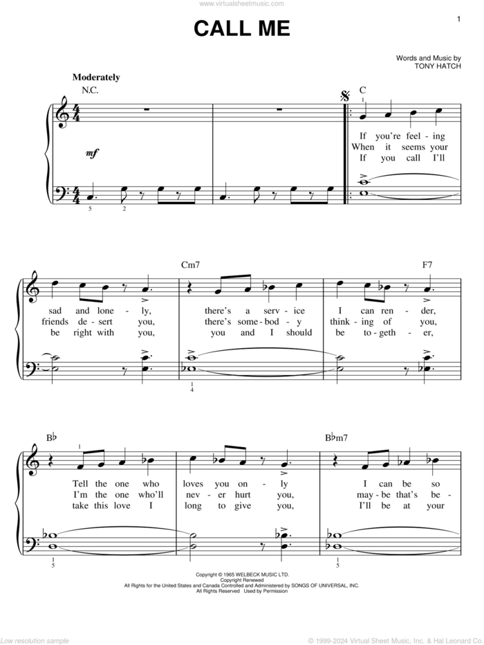 Call Me sheet music for piano solo by Petula Clark, Astrud Gilberto, California Chris Montez, Chris Montez and Tony Hatch, easy skill level