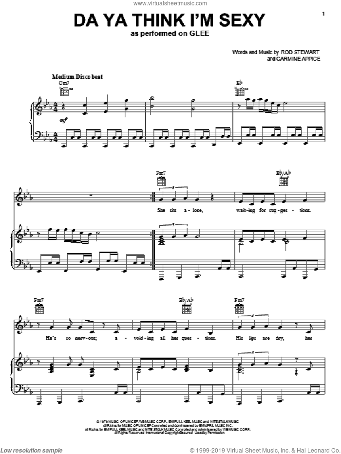 Da Ya Think I'm Sexy sheet music for voice, piano or guitar by Glee Cast, Miscellaneous, The Warblers, Carmine Appice and Rod Stewart, intermediate skill level