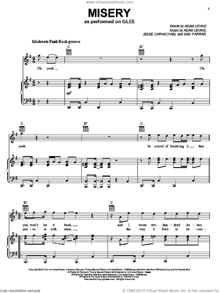 Misery sheet music for voice, piano or guitar by Glee Cast, Maroon 5, Miscellaneous, The Warblers, Adam Levine, Jesse Carmichael and Sam Farrar, intermediate skill level