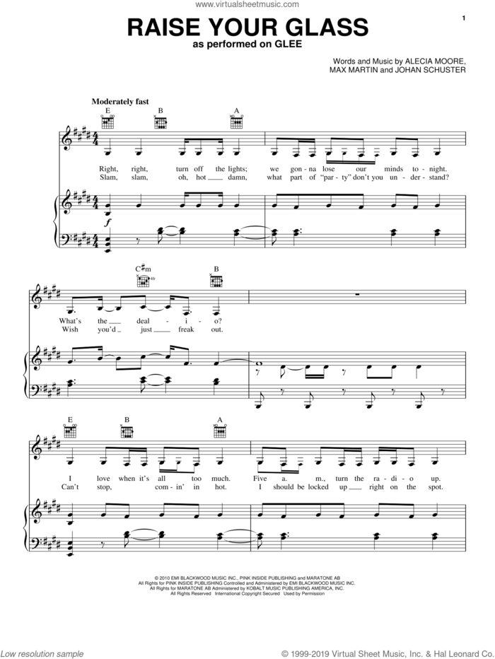 Raise Your Glass sheet music for voice, piano or guitar by Glee Cast, Miscellaneous, The Warblers, Alecia Moore, Johan Schuster and Max Martin, intermediate skill level